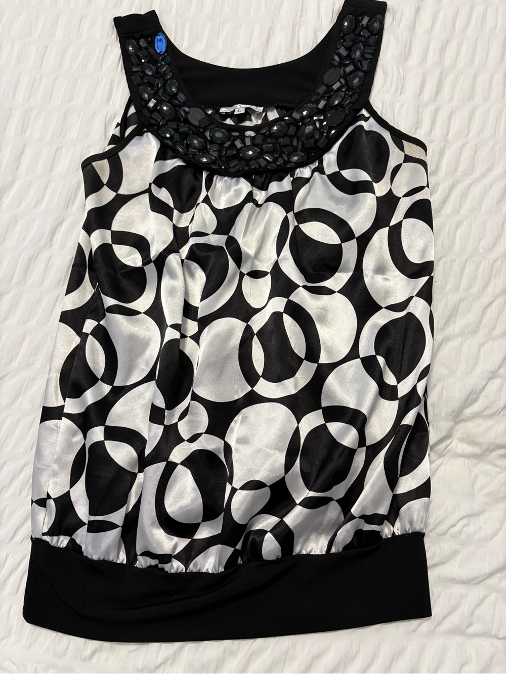 Moa Moa Black & White Circle-Print Jeweled-Neck Tank